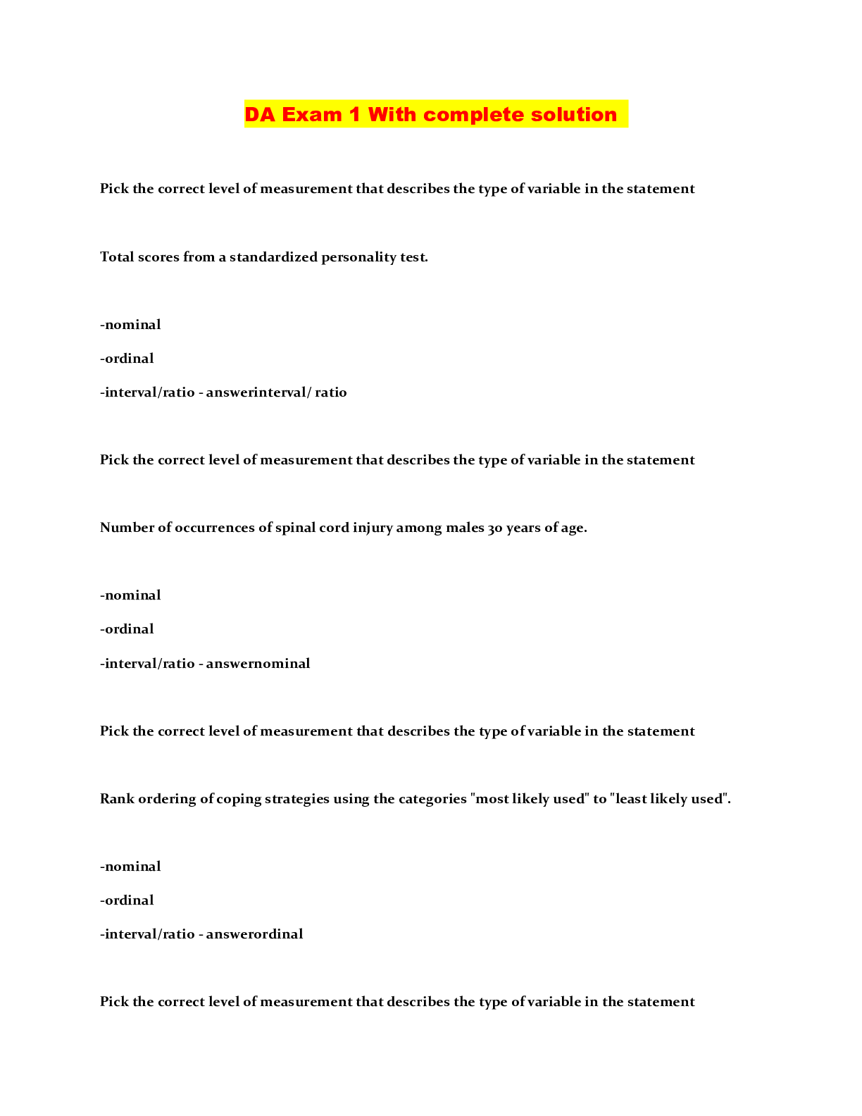 Preview image of DA Exam 1 With complete solution document